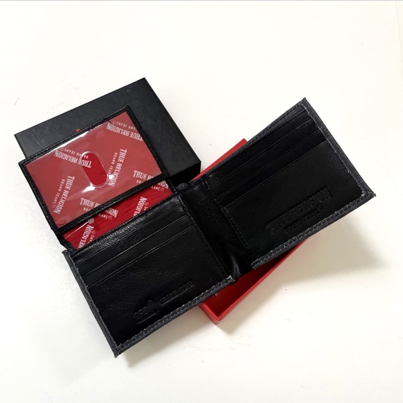 NWT True Religion Reece Denim Leather L-fold Wallet Black Gray Stitch Logo Boxed - Picture 6 of 8